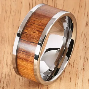 10mm Natural Hawaiian Koa Wood Inlaid Tungsten Flat Wedding Ring
