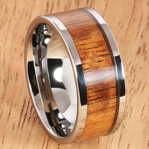 10mm Natural Hawaiian Koa Wood Inlaid Tungsten Flat Wedding Ring
