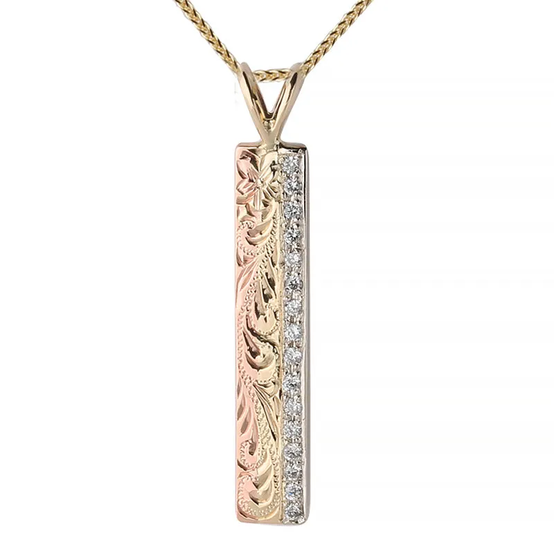 14K Gold Tri-color Hawaiian Heirloom Pendant w/Diamond 6mm Flat