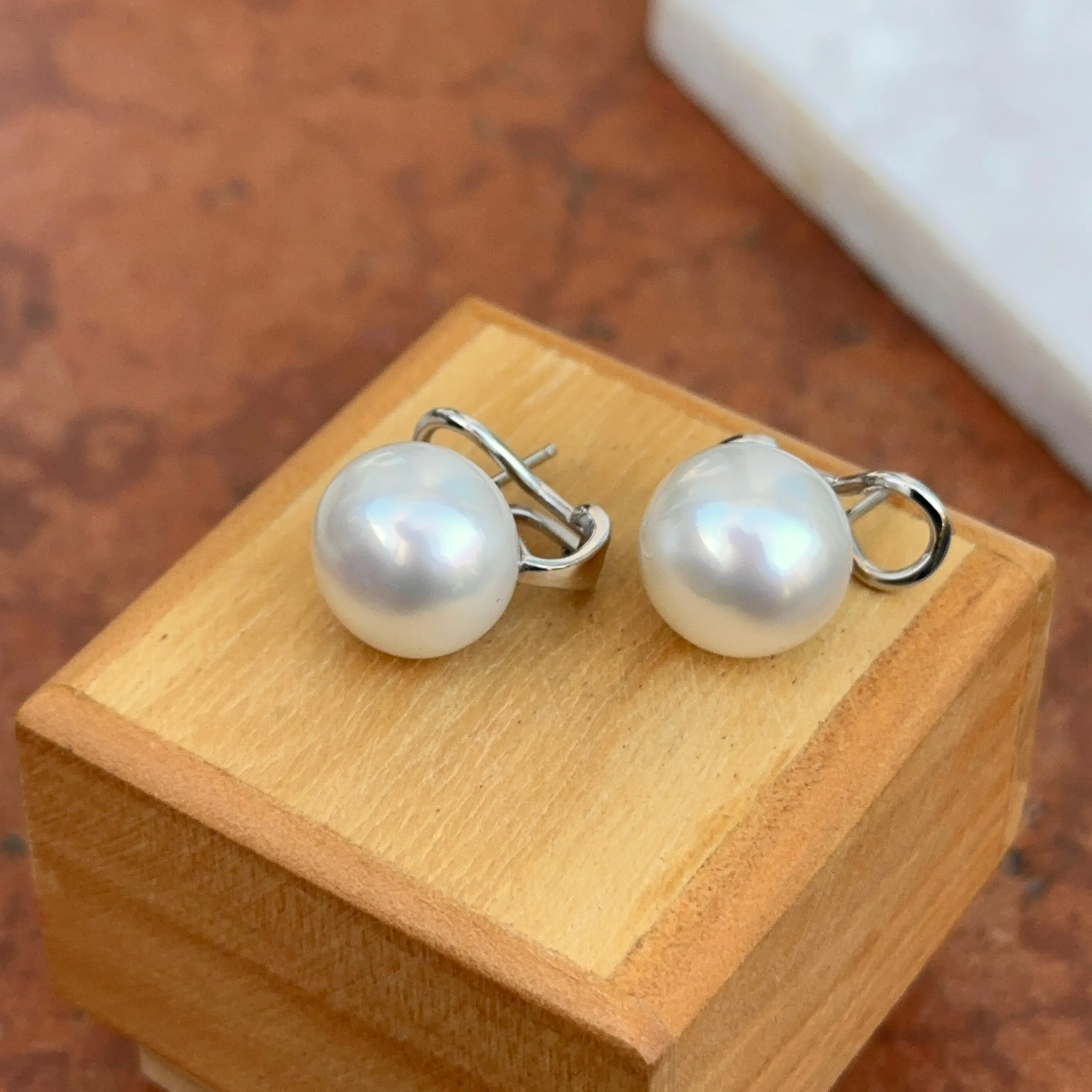 14KT White Gold Paspaley South Sea Pearl Omega Earrings 13mm