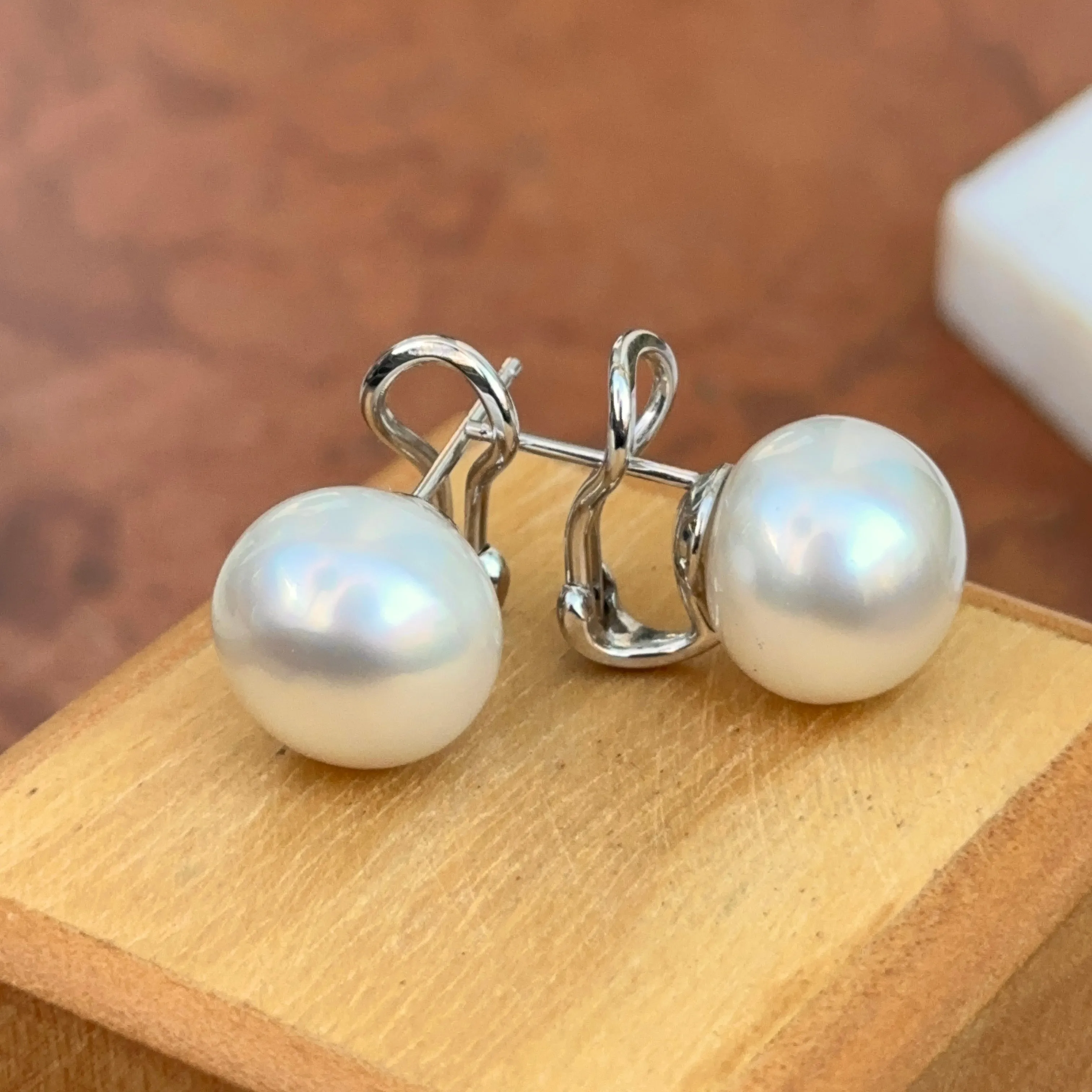 14KT White Gold Paspaley South Sea Pearl Omega Earrings 13mm