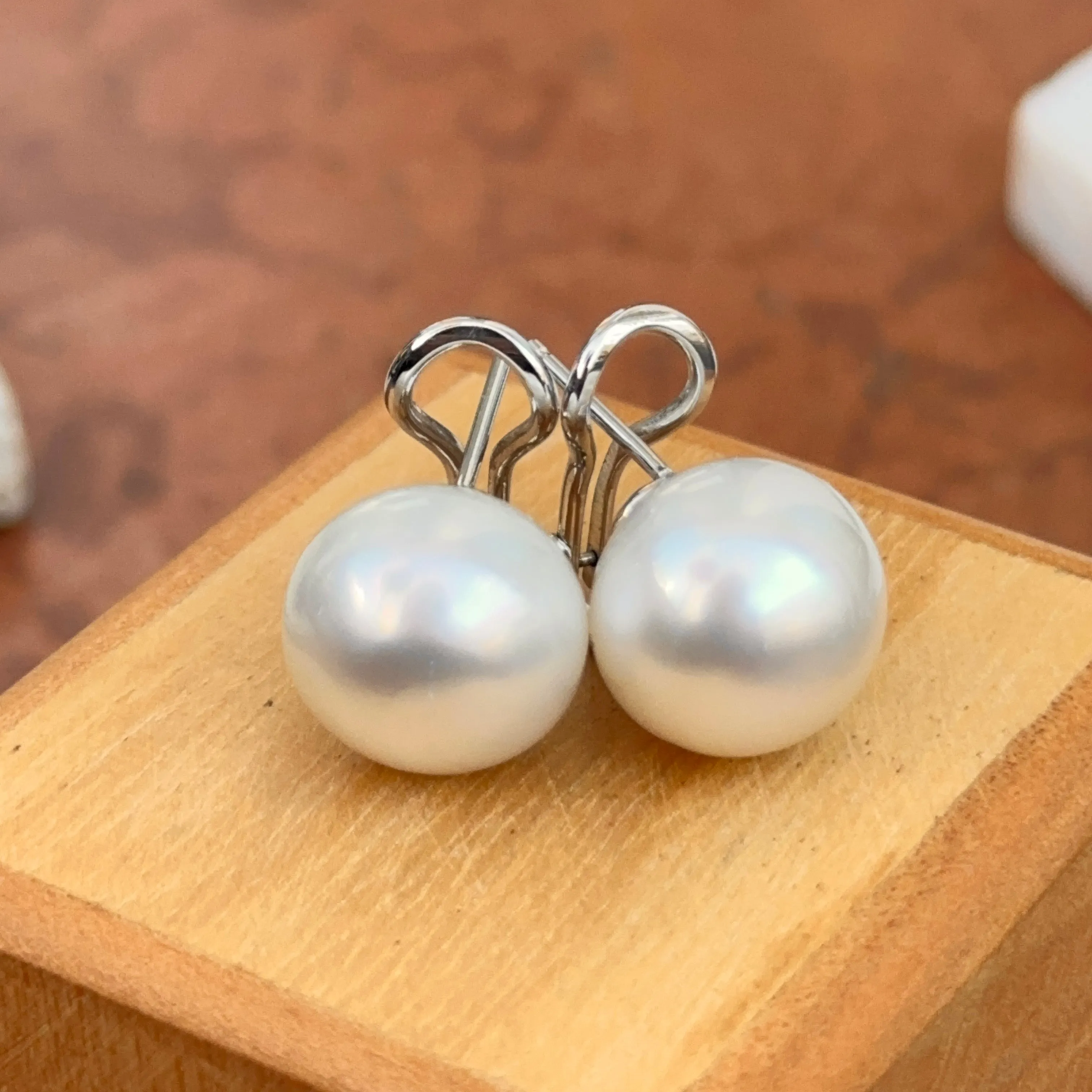 14KT White Gold Paspaley South Sea Pearl Omega Earrings 13mm