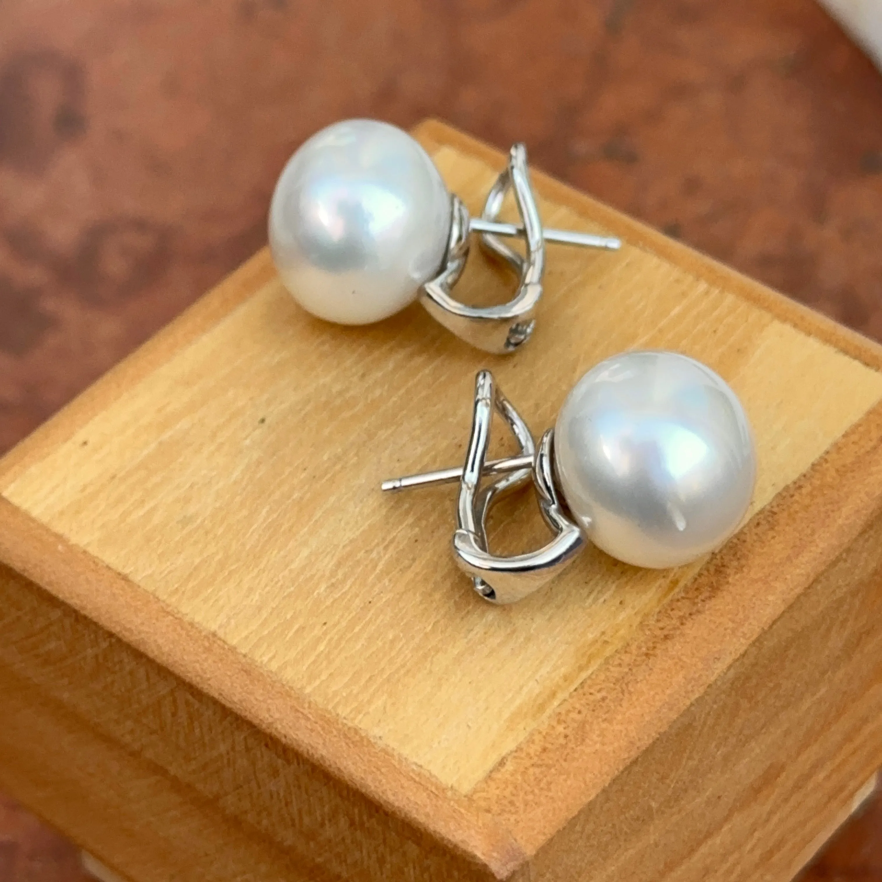 14KT White Gold Paspaley South Sea Pearl Omega Earrings 13mm