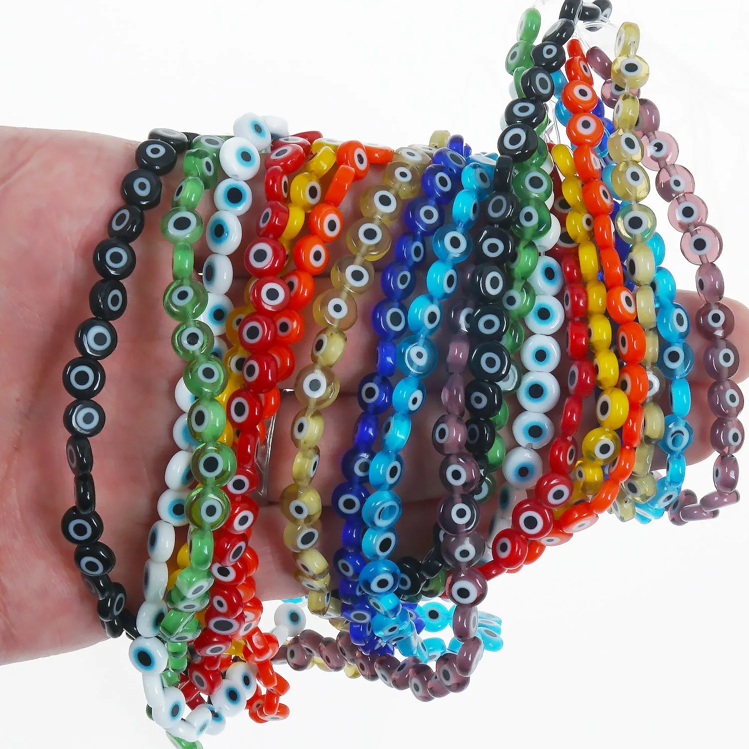 15" Strand 6/8/10/12MM Glass Evil Eye Flat Beads Round Glass Beads DIY Jewelry Beads Multiple Colors 65pcs 103759