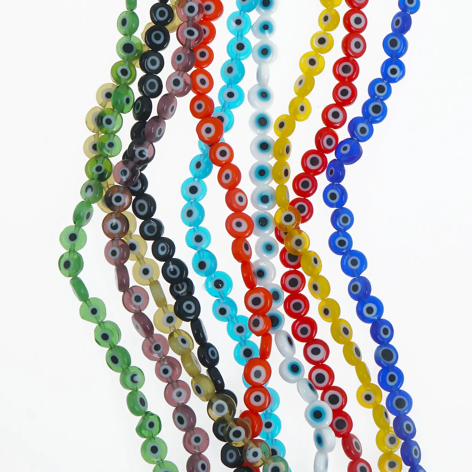 15" Strand 6/8/10/12MM Glass Evil Eye Flat Beads Round Glass Beads DIY Jewelry Beads Multiple Colors 65pcs 103759