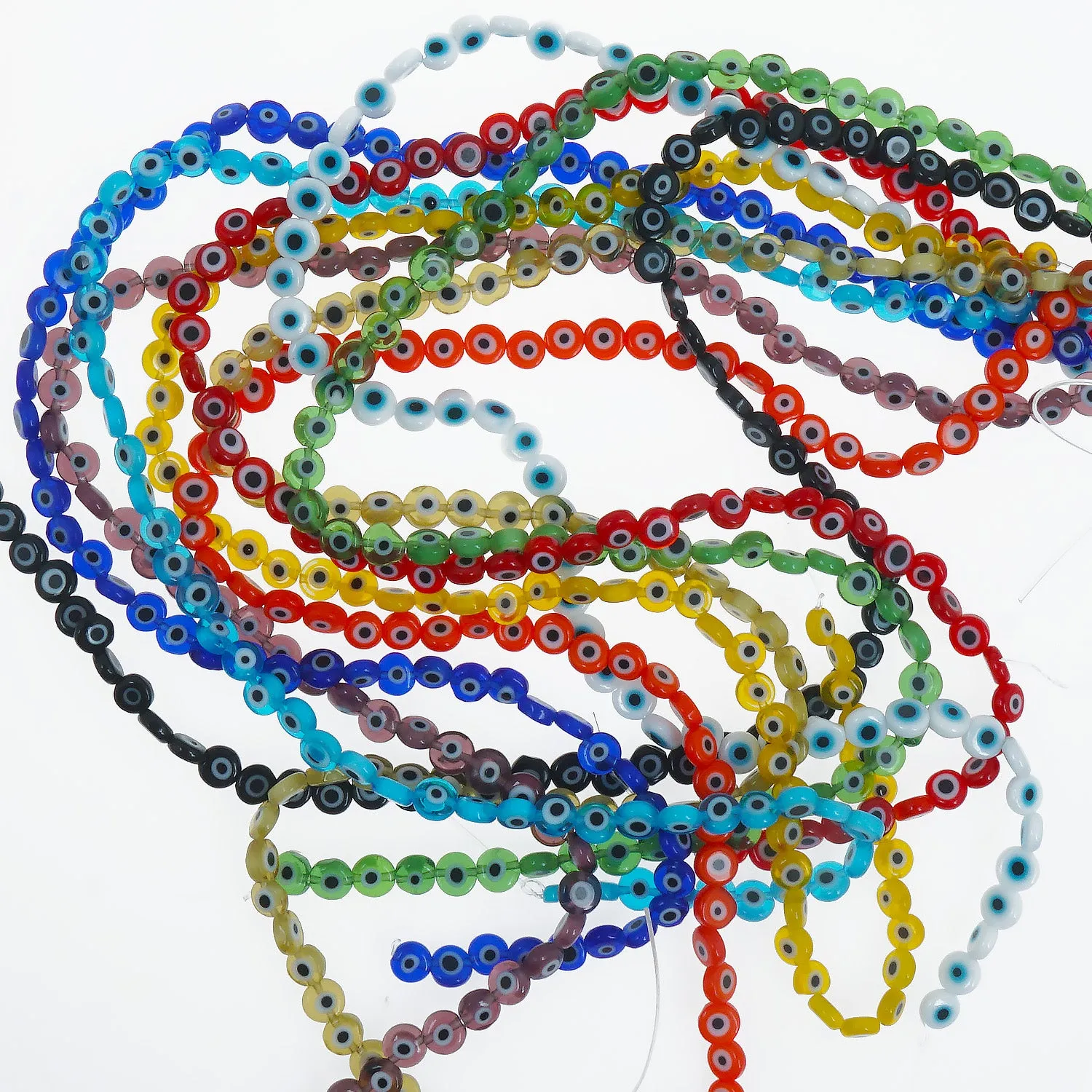 15" Strand 6/8/10/12MM Glass Evil Eye Flat Beads Round Glass Beads DIY Jewelry Beads Multiple Colors 65pcs 103759