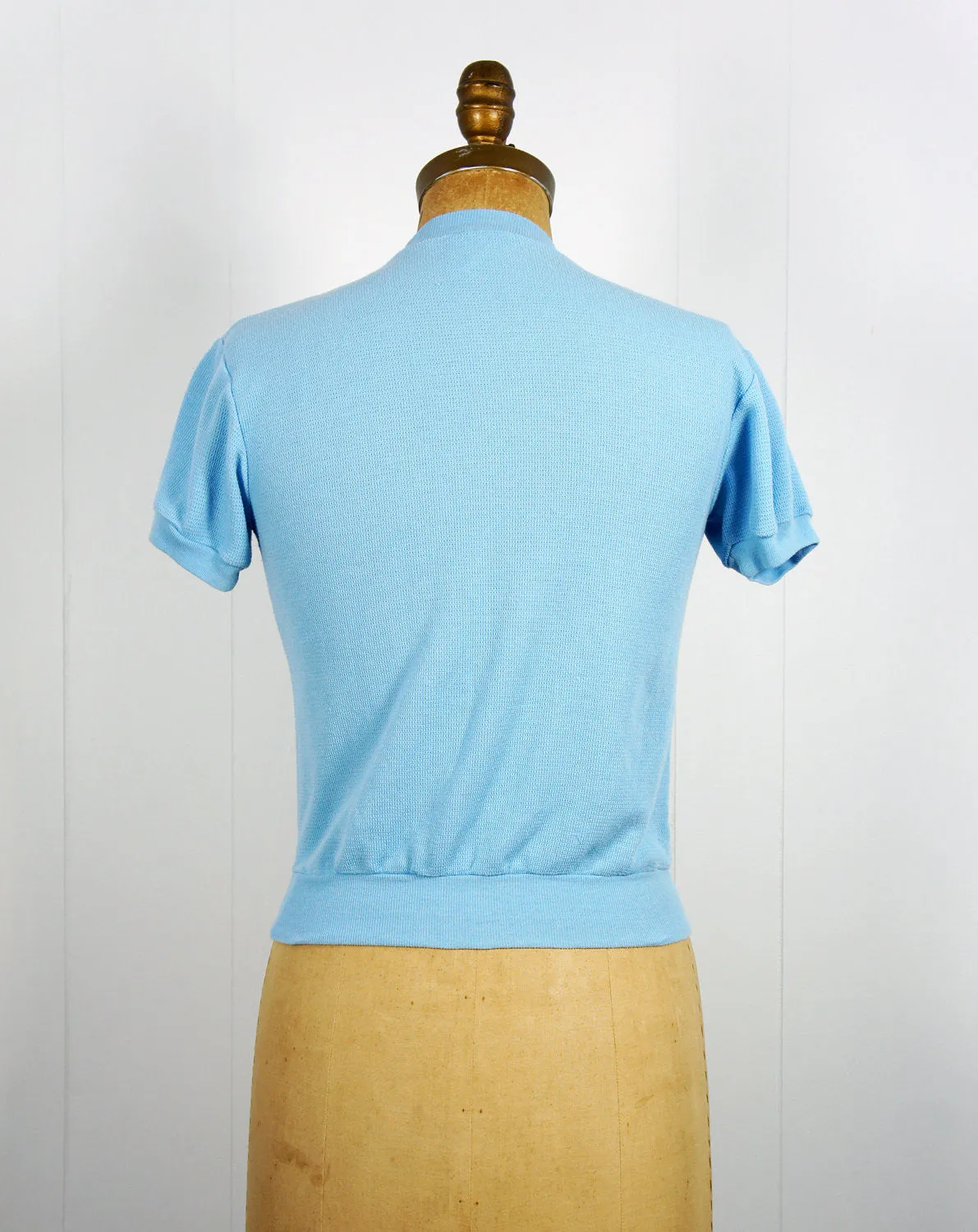 1970's Light Blue Thermal Top w/ Floral Embellishments - Size S