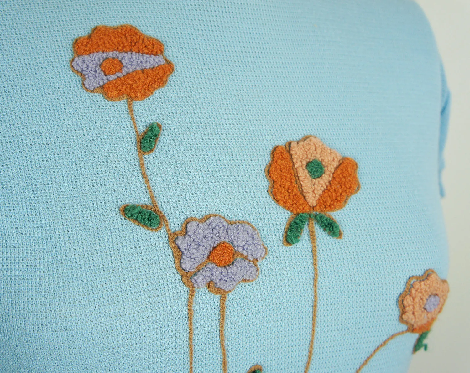 1970's Light Blue Thermal Top w/ Floral Embellishments - Size S