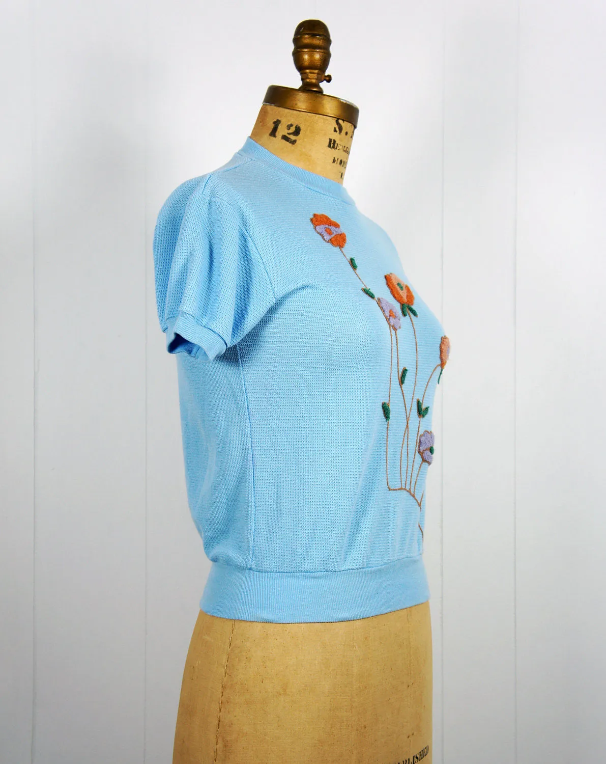 1970's Light Blue Thermal Top w/ Floral Embellishments - Size S