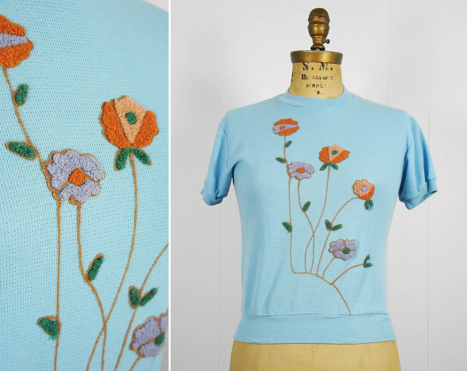 1970's Light Blue Thermal Top w/ Floral Embellishments - Size S