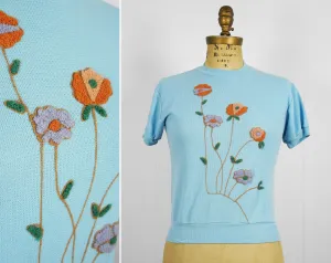 1970's Light Blue Thermal Top w/ Floral Embellishments - Size S