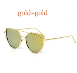2018 Cat Eye vintage Brand designer rose gold mirror Sunglasses For Women Metal Reflective flat lens Sun Glasses Female oculos