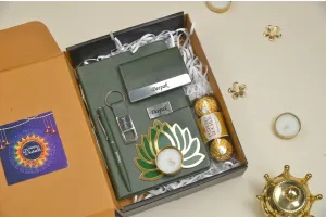 2024 Diwali Combo 2.0 (Classy Metal Flip Card Cover Diary   Classy Metal Keychain   Pen   Classy Steel Cardholder   Ferrero Rocher   Diya) Olive Green