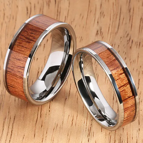 8mm Natural Hawaiian Koa Wood Inlaid Tungsten Flat Wedding Ring
