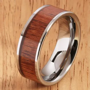 8mm Natural Hawaiian Koa Wood Inlaid Tungsten Flat Wedding Ring