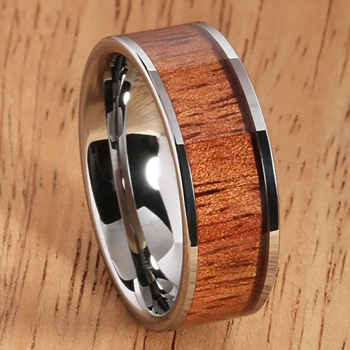 8mm Natural Hawaiian Koa Wood Inlaid Tungsten Flat Wedding Ring