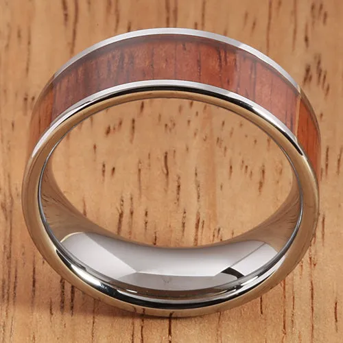 8mm Natural Hawaiian Koa Wood Inlaid Tungsten Flat Wedding Ring