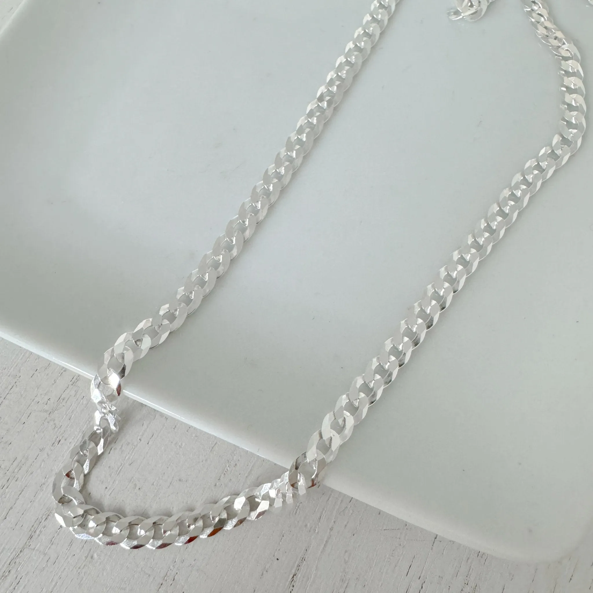 Adults Solid Sterling Silver Pave Flat Curb Chain Necklace