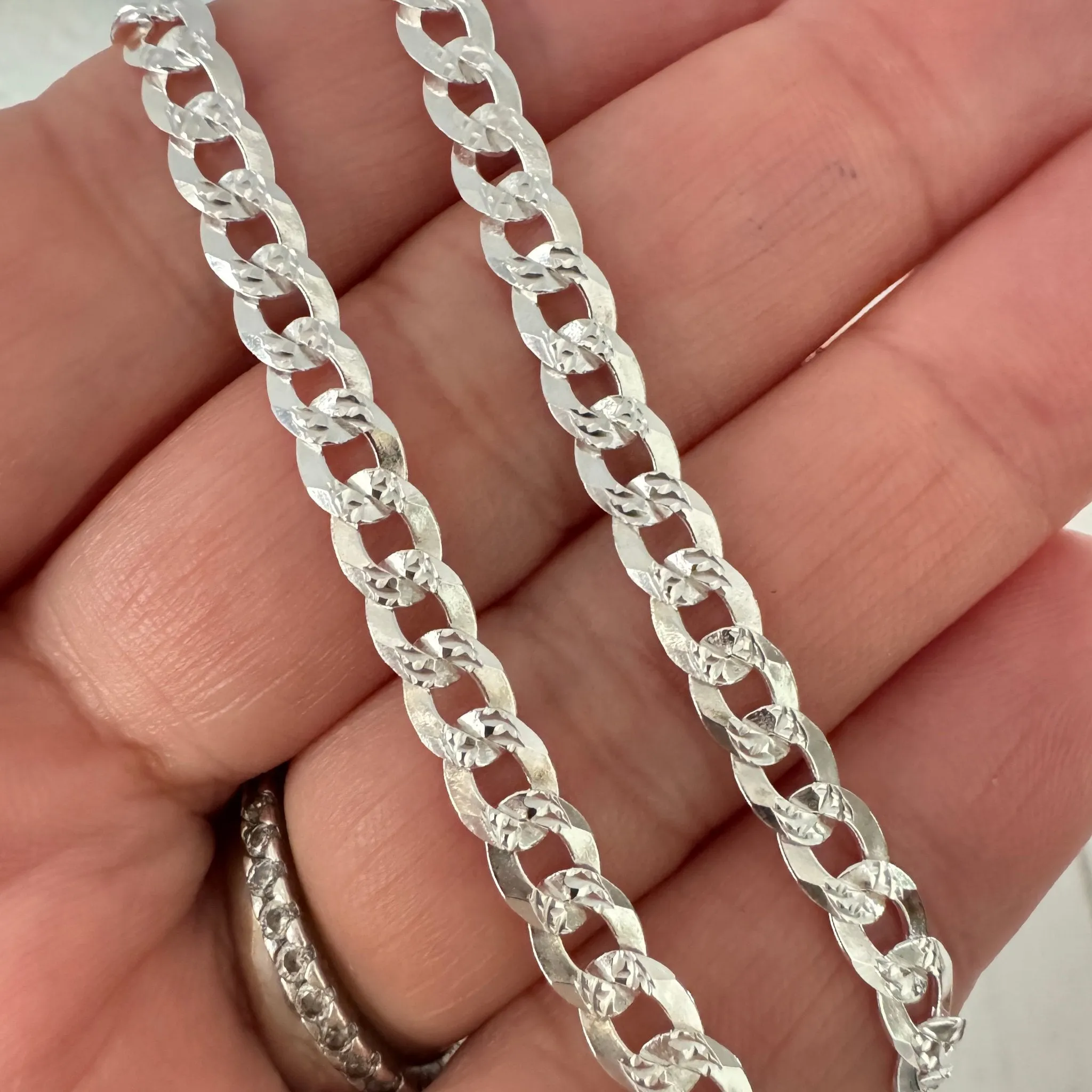 Adults Solid Sterling Silver Pave Flat Curb Chain Necklace