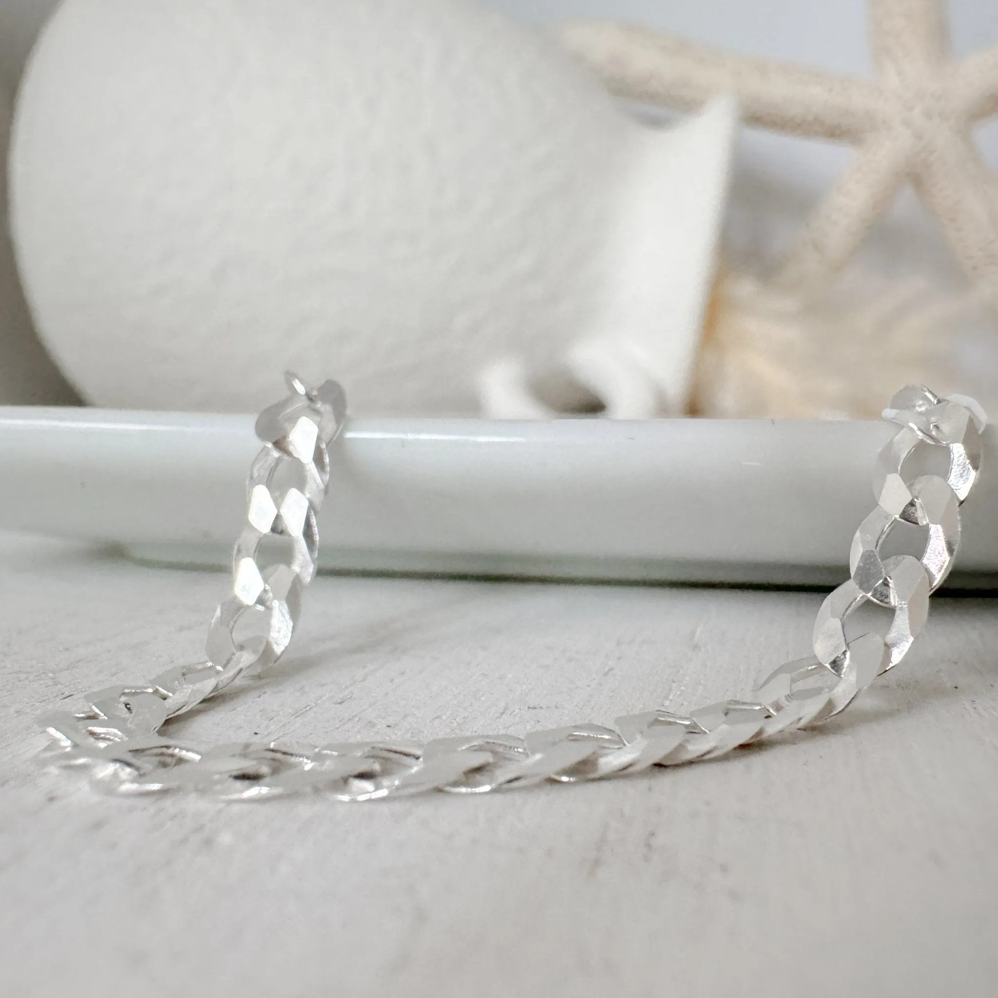 Adults Solid Sterling Silver Pave Flat Curb Chain Necklace