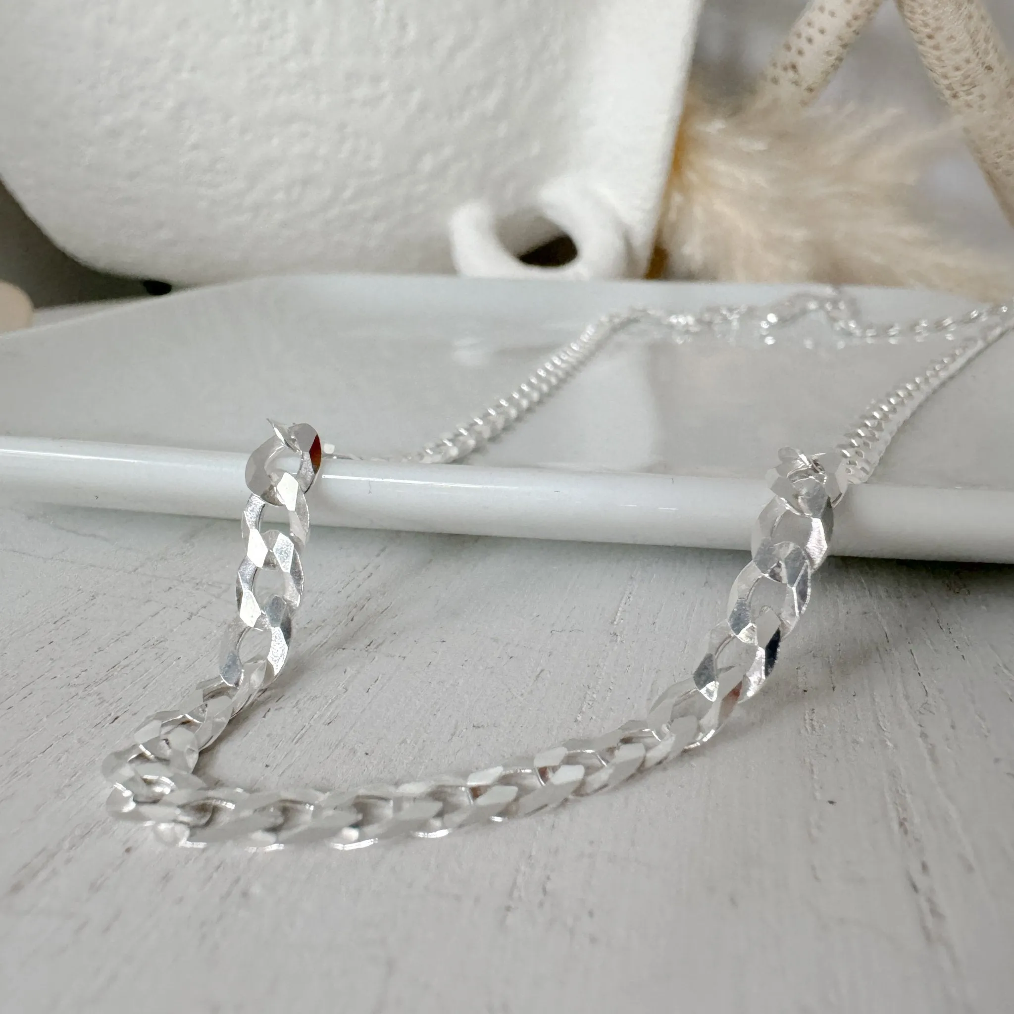 Adults Solid Sterling Silver Pave Flat Curb Chain Necklace