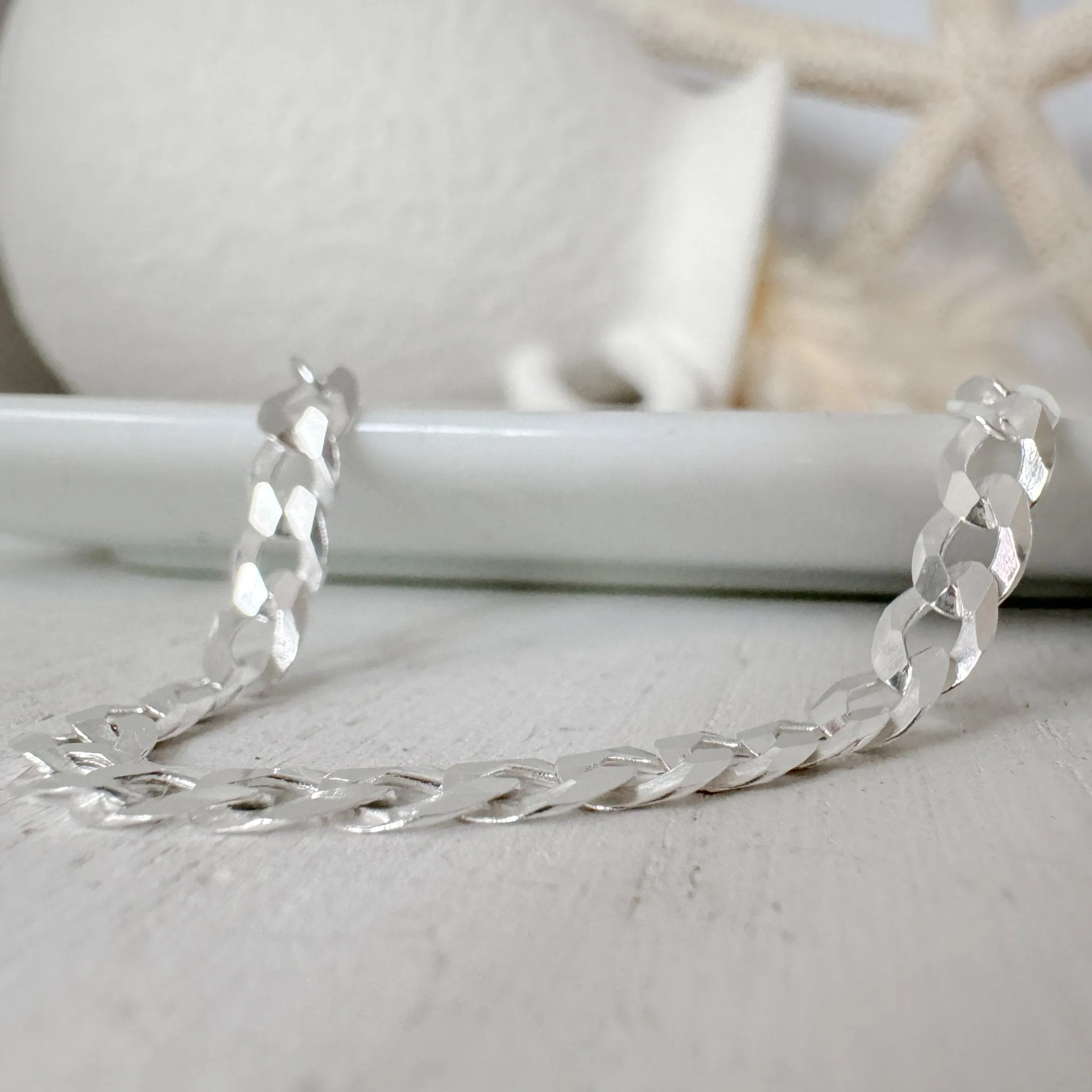 Adults Solid Sterling Silver Pave Flat Curb Chain Necklace