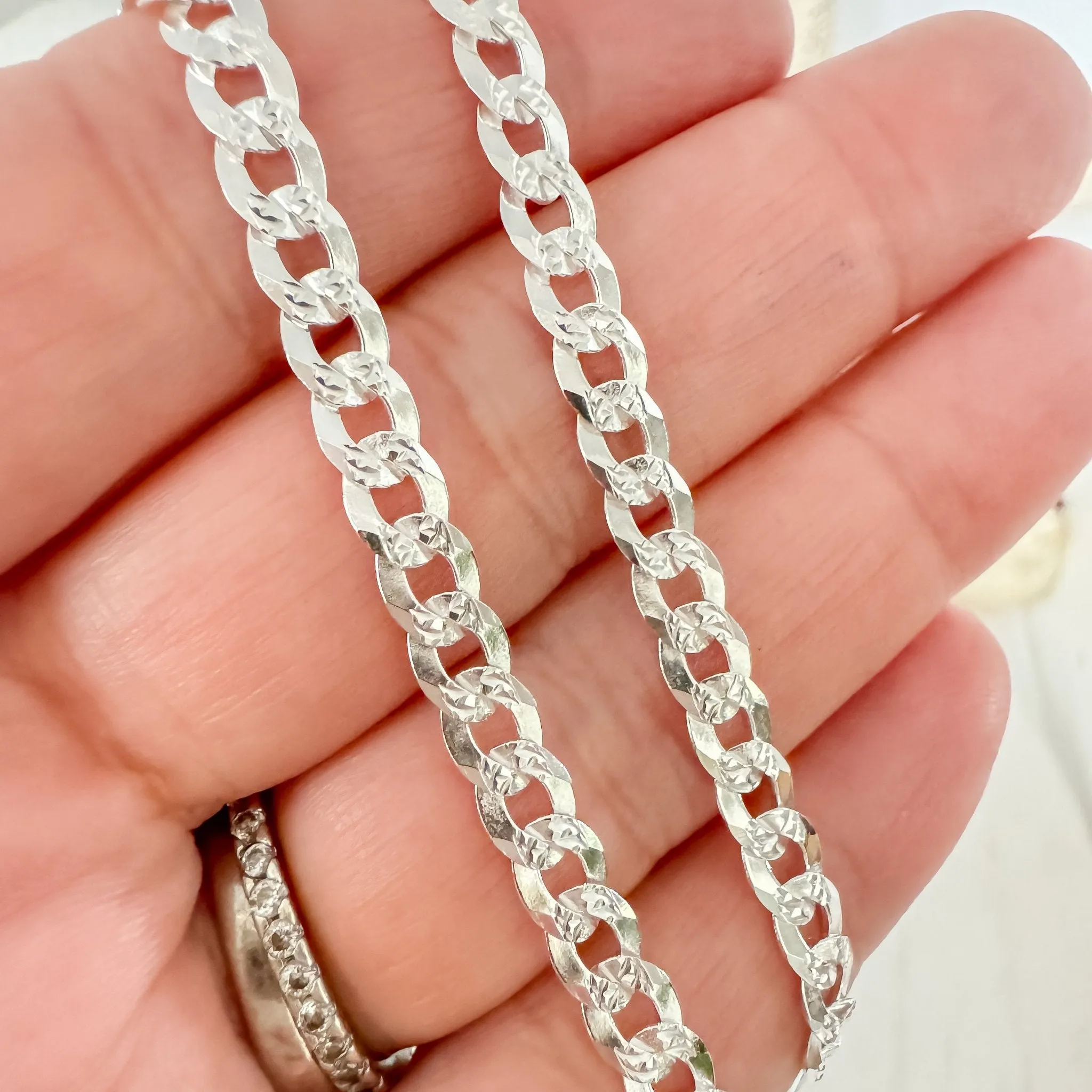 Adults Solid Sterling Silver Pave Flat Curb Chain Necklace