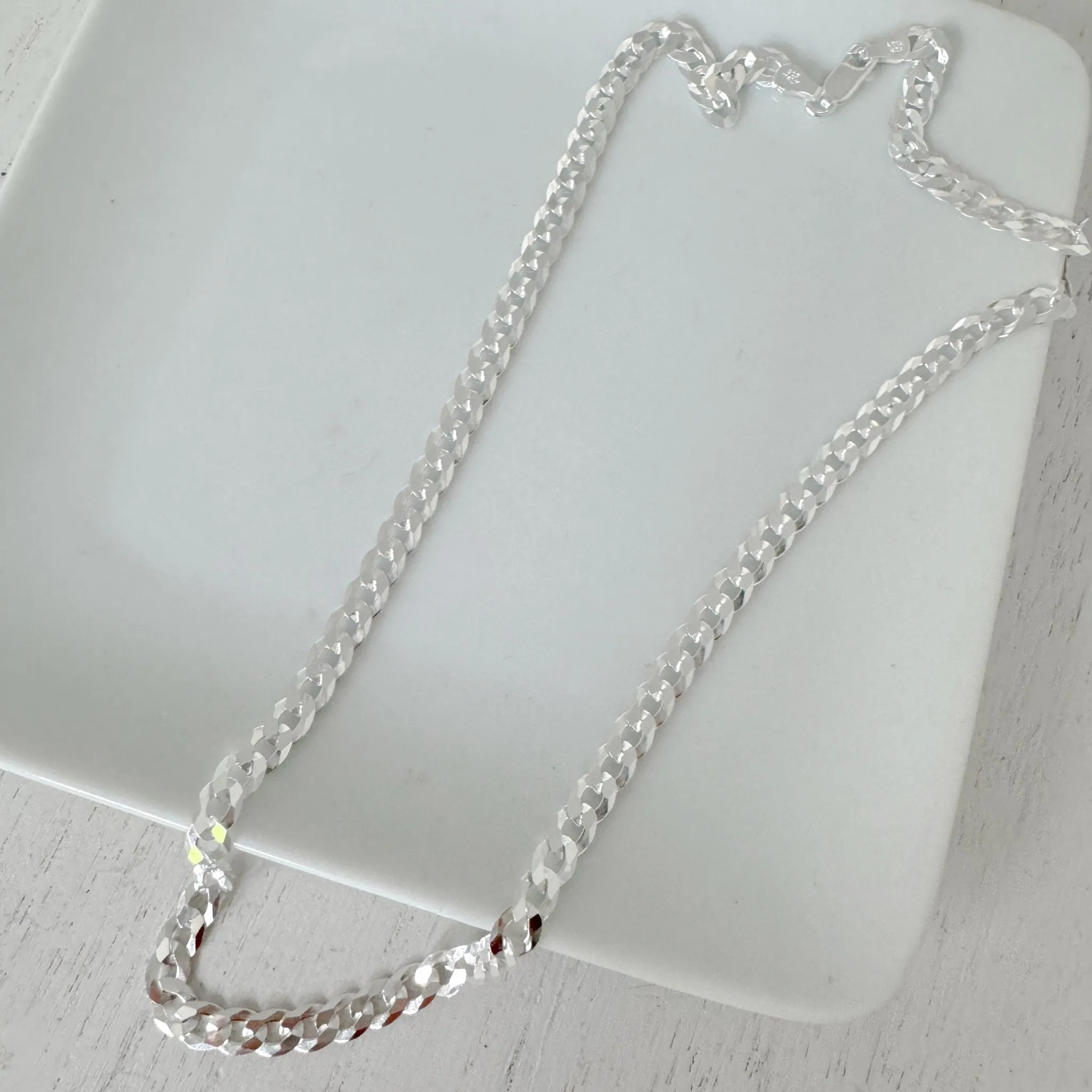 Adults Solid Sterling Silver Pave Flat Curb Chain Necklace