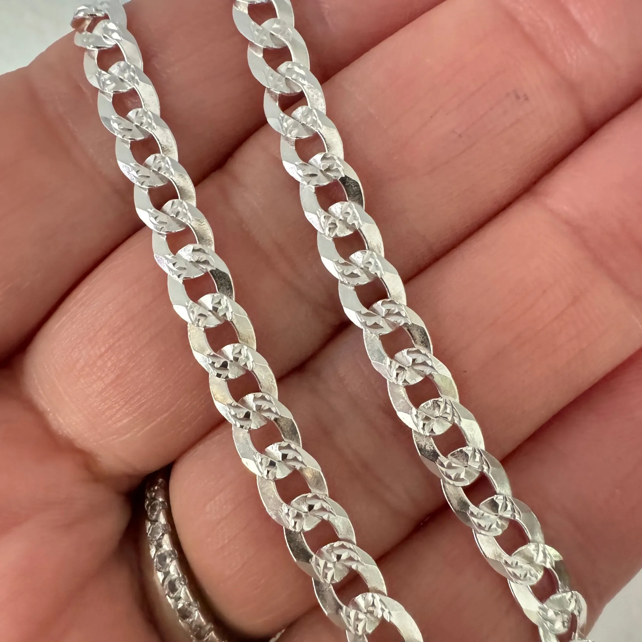 Adults Solid Sterling Silver Pave Flat Curb Chain Necklace