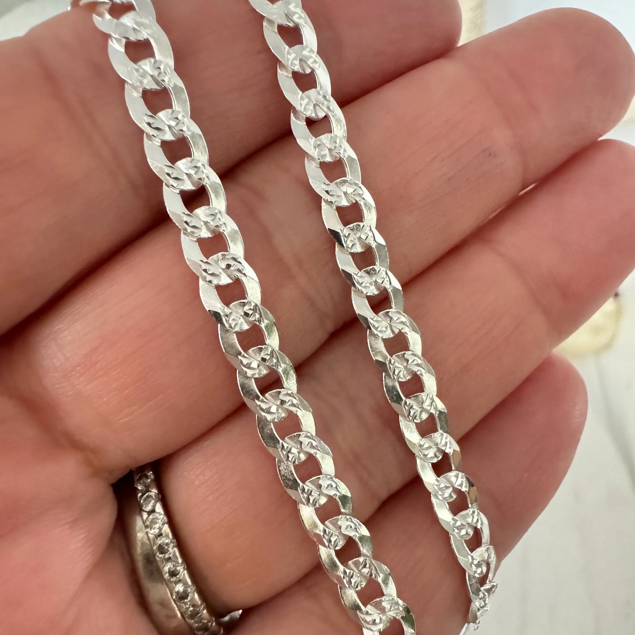 Adults Solid Sterling Silver Pave Flat Curb Chain Necklace