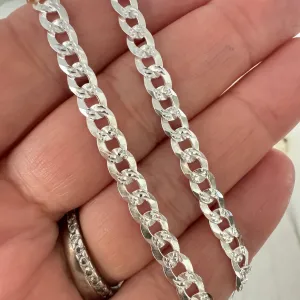 Adults Solid Sterling Silver Pave Flat Curb Chain Necklace
