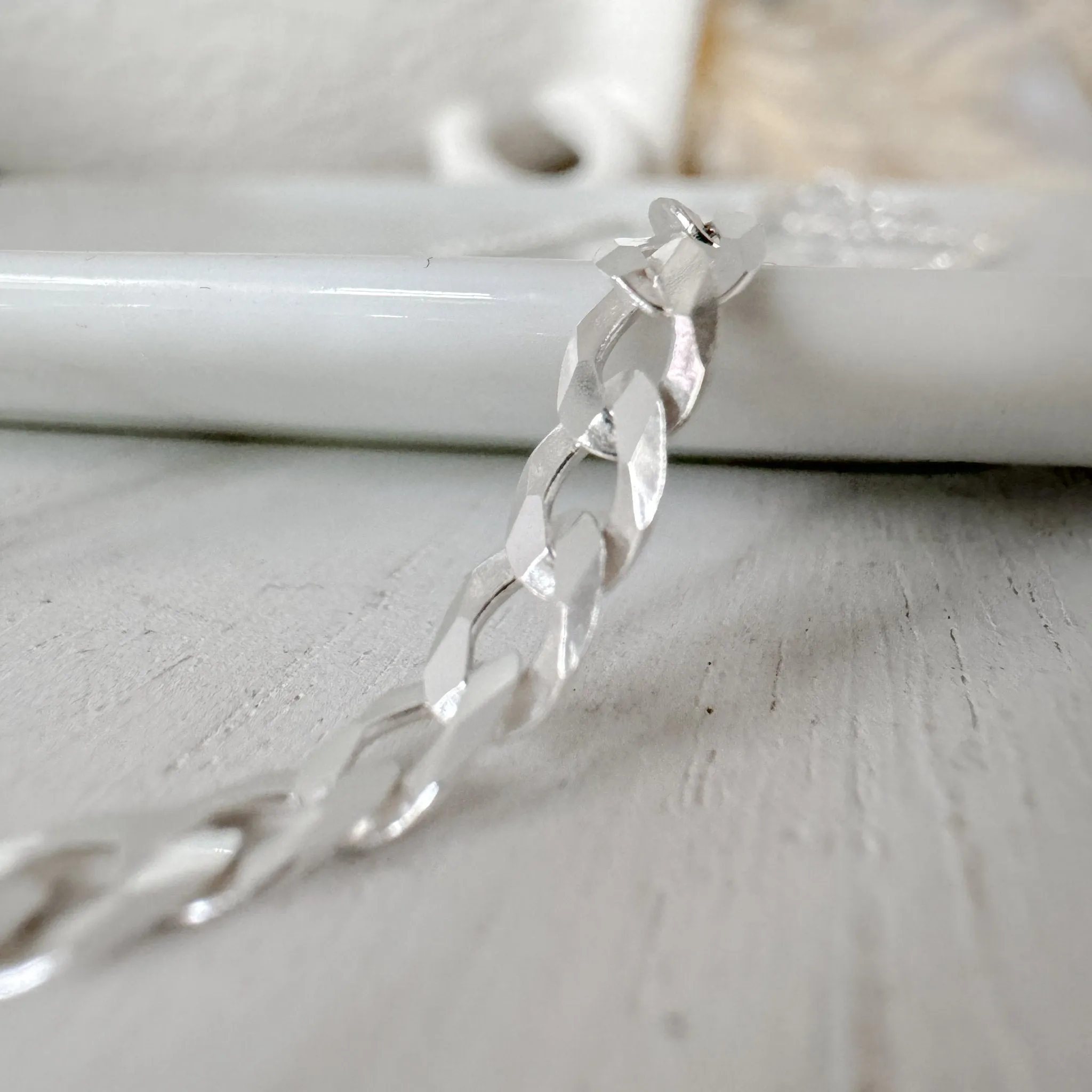 Adults Solid Sterling Silver Pave Flat Curb Chain Necklace
