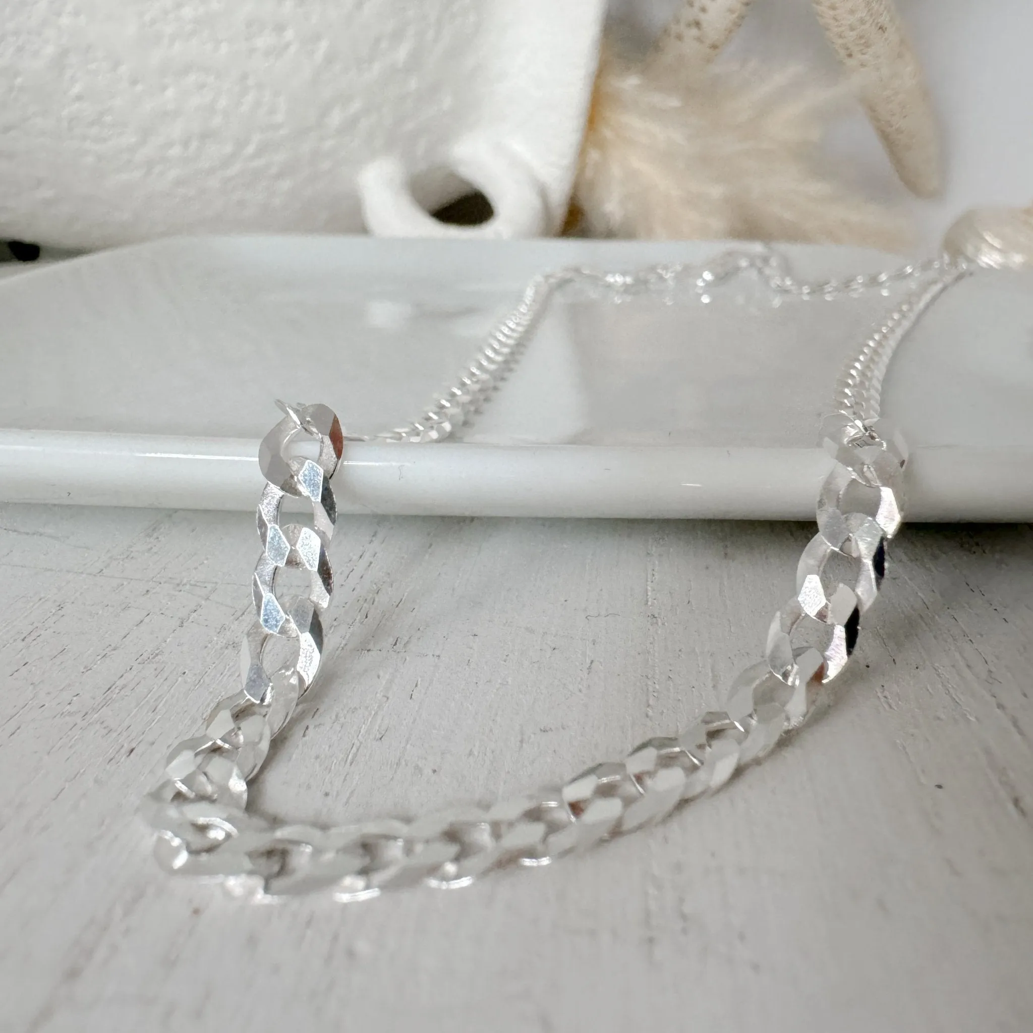 Adults Solid Sterling Silver Pave Flat Curb Chain Necklace