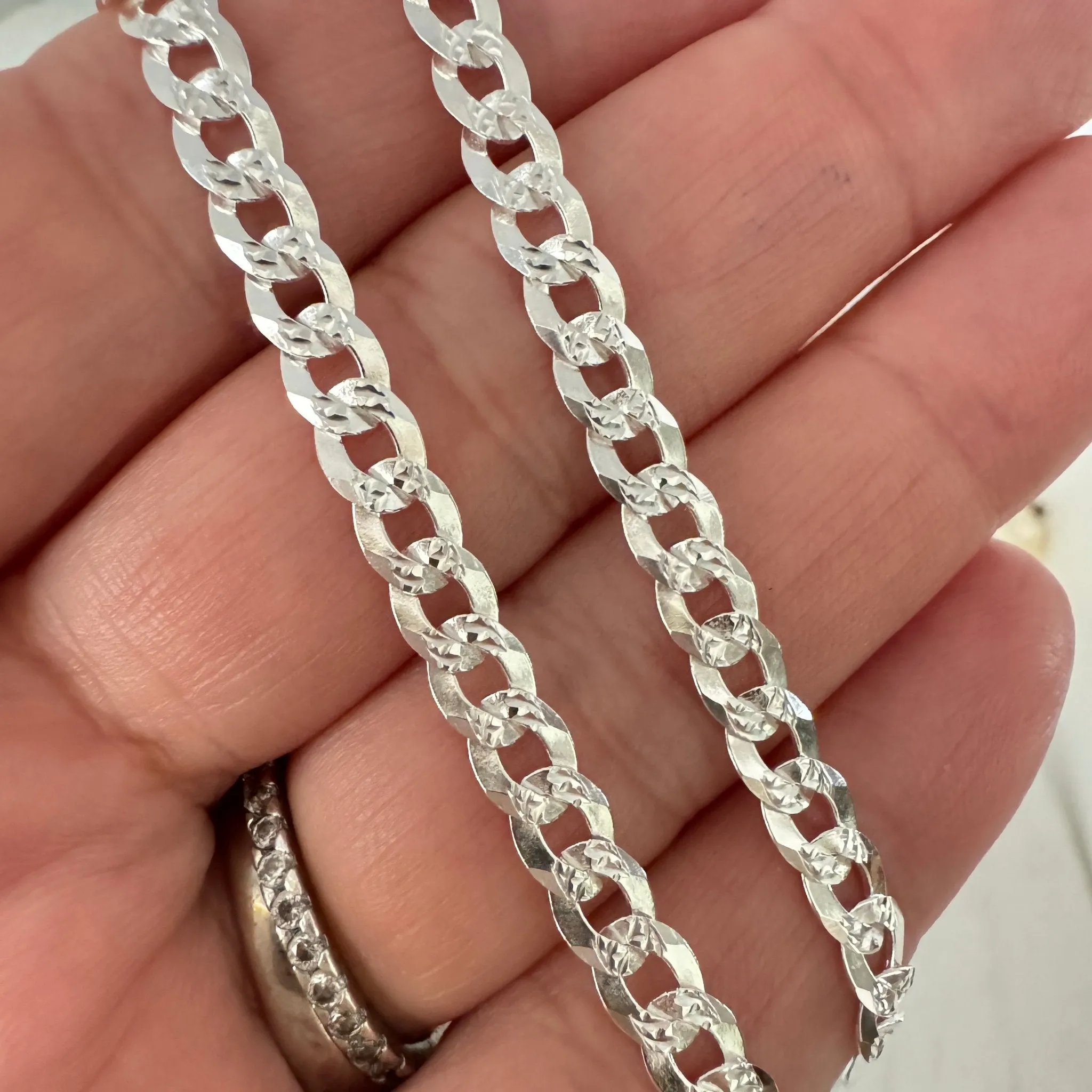 Adults Solid Sterling Silver Pave Flat Curb Chain Necklace
