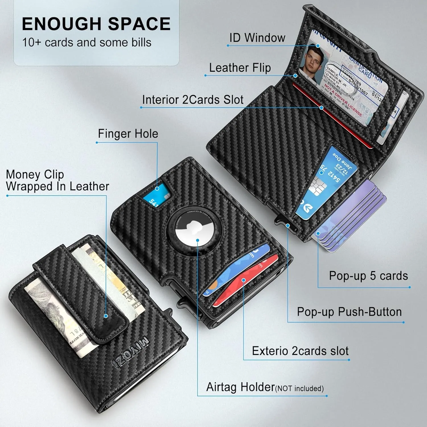 Airtag Wallet for Men with Money Clip, Pop Up Credit Card Holder