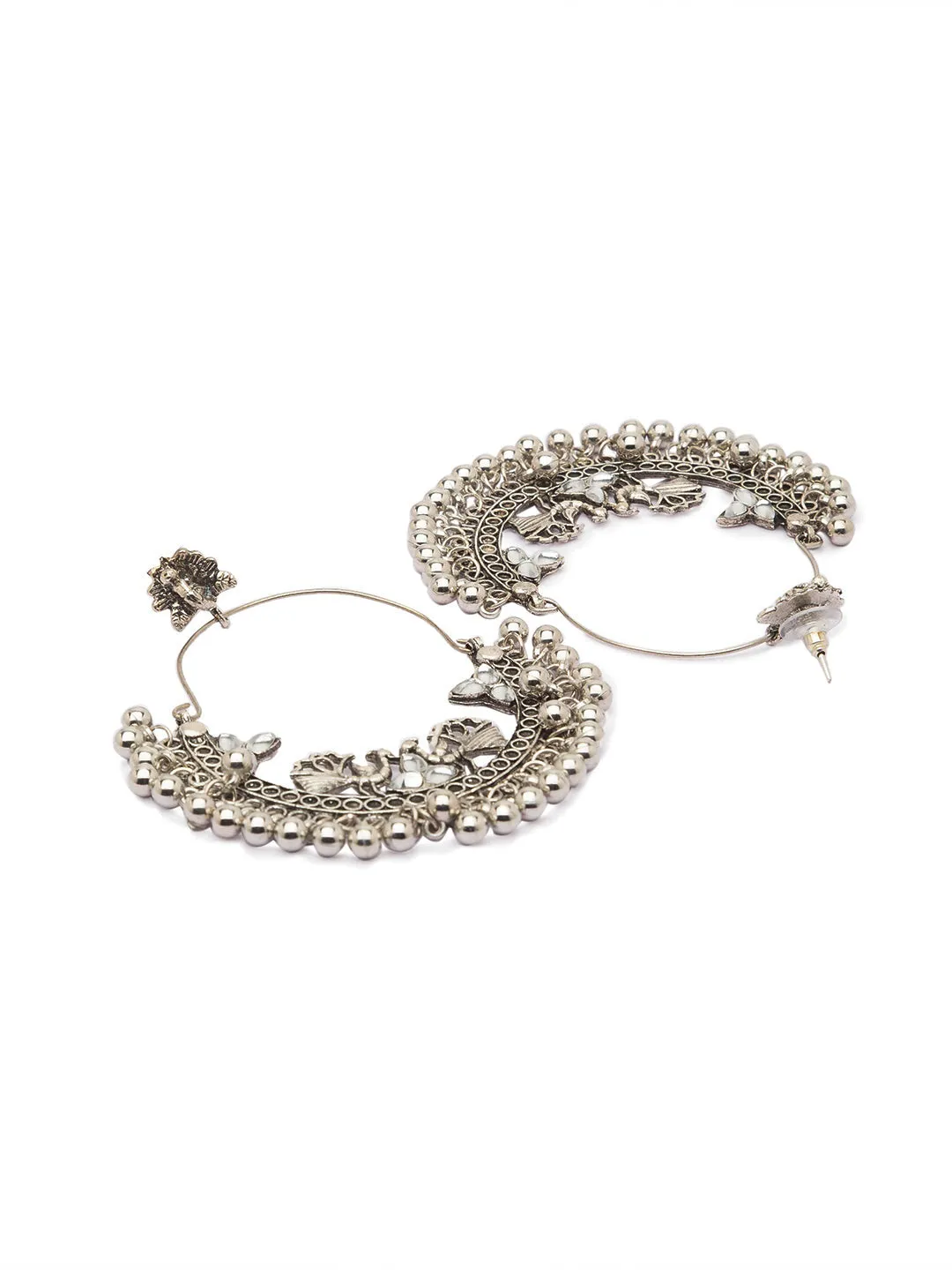 Antique German Silver Oxidized Earrings Peacock Engraved Design Stone Studded Gungroo Danglers