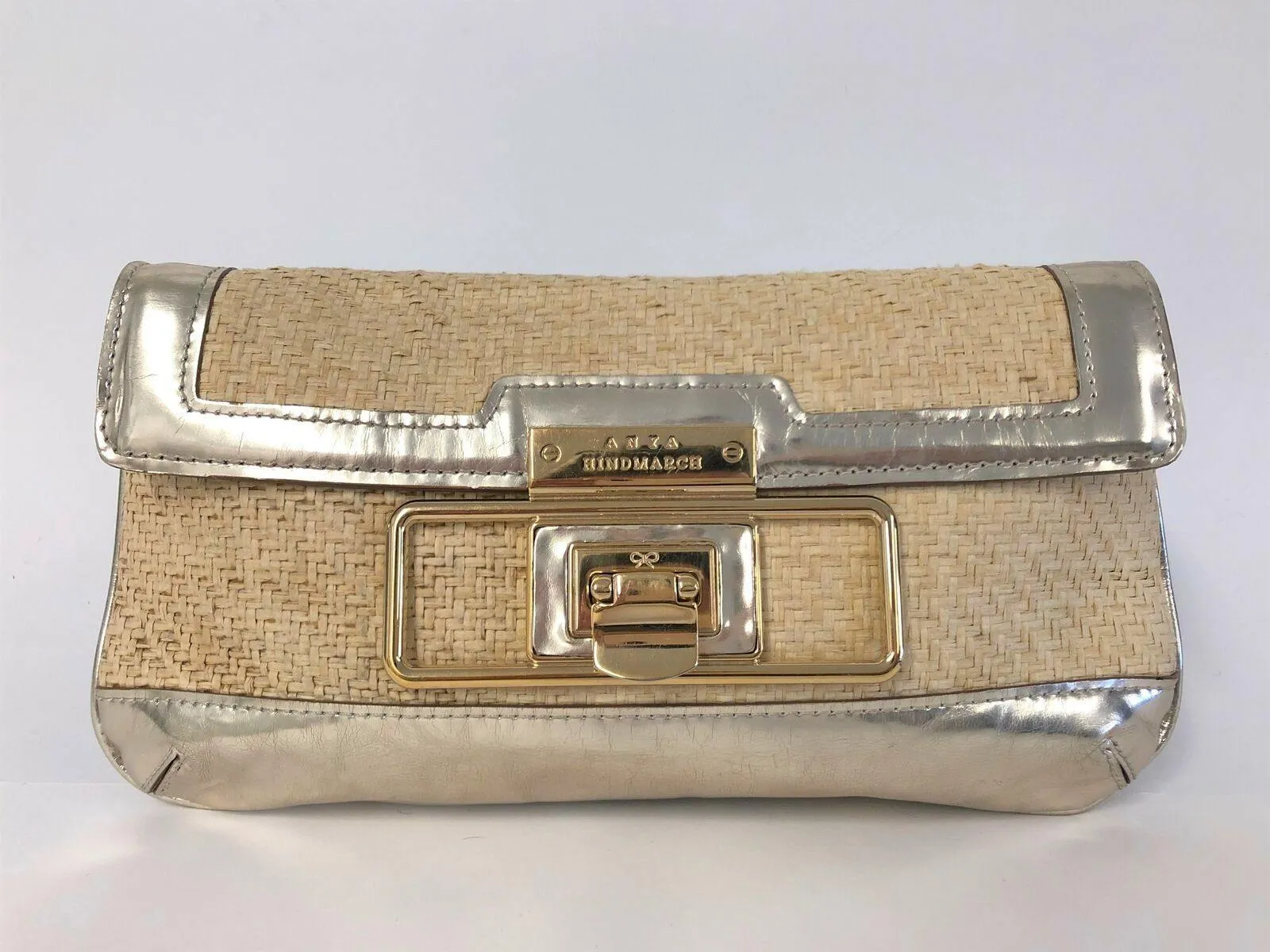 Anya Hindmarch Clutch Gold Metallic Leather-Trimmed Straw Small Bag