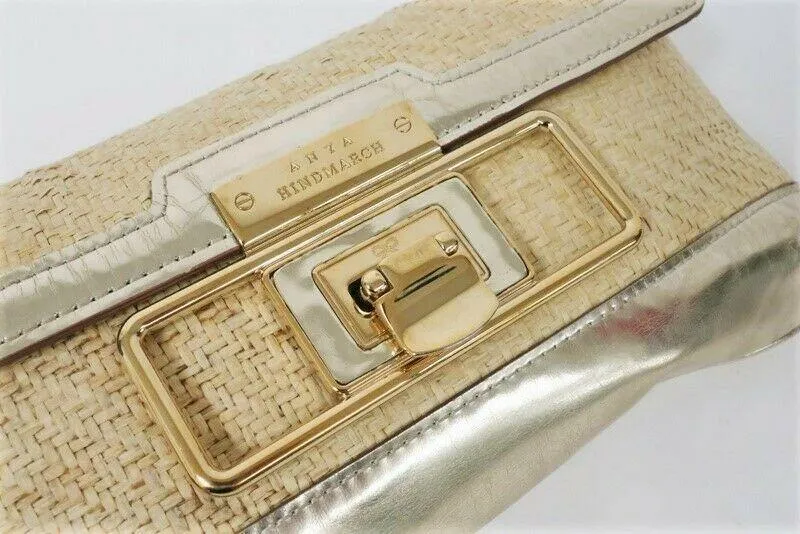 Anya Hindmarch Clutch Gold Metallic Leather-Trimmed Straw Small Bag