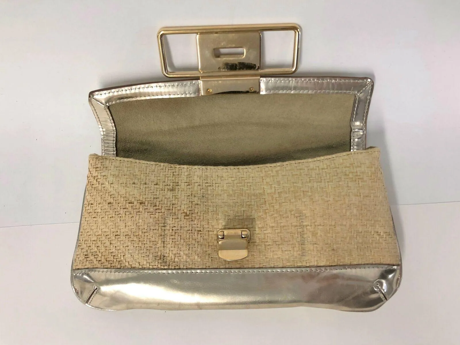 Anya Hindmarch Clutch Gold Metallic Leather-Trimmed Straw Small Bag