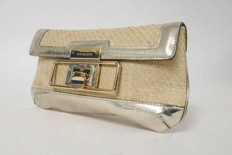 Anya Hindmarch Clutch Gold Metallic Leather-Trimmed Straw Small Bag
