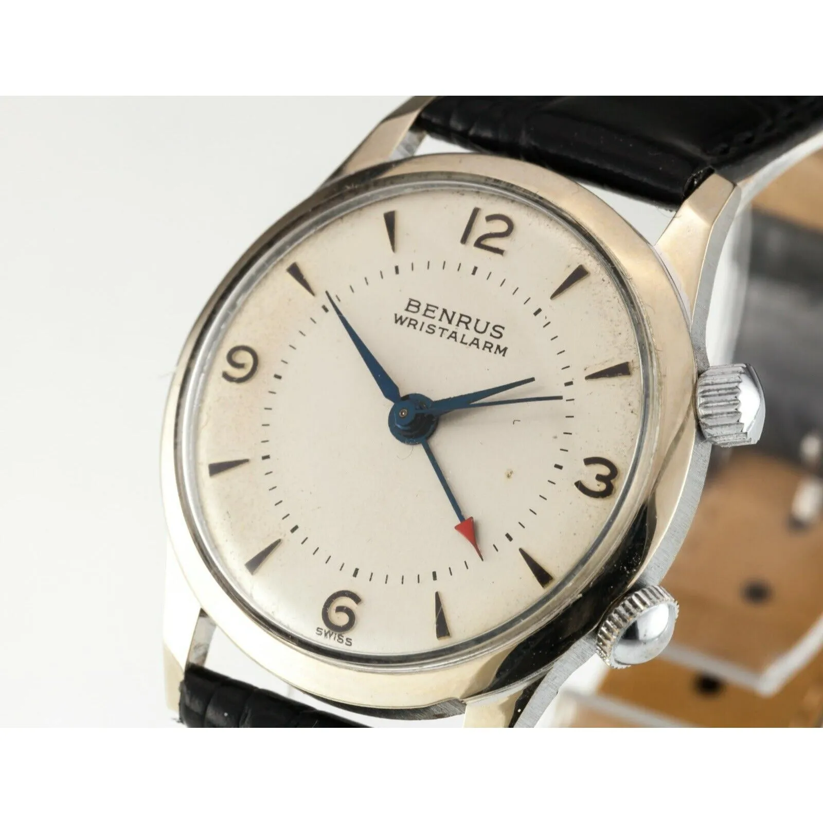 Benrus Men's Stainless Steel Wrist Alarm Mechanical Watch w/ Leather Band