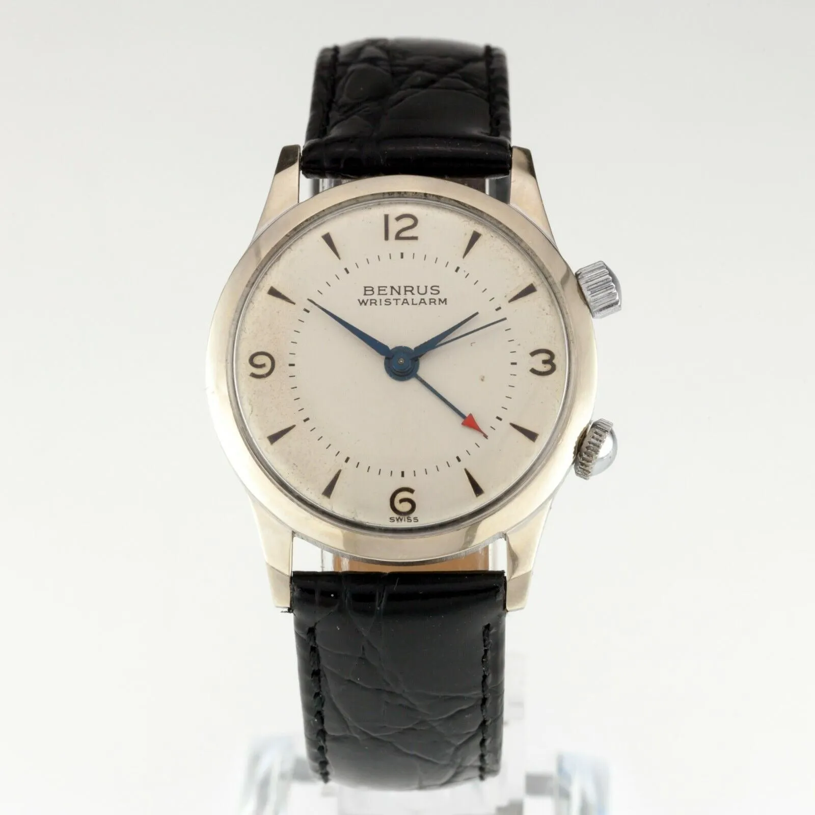 Benrus Men's Stainless Steel Wrist Alarm Mechanical Watch w/ Leather Band