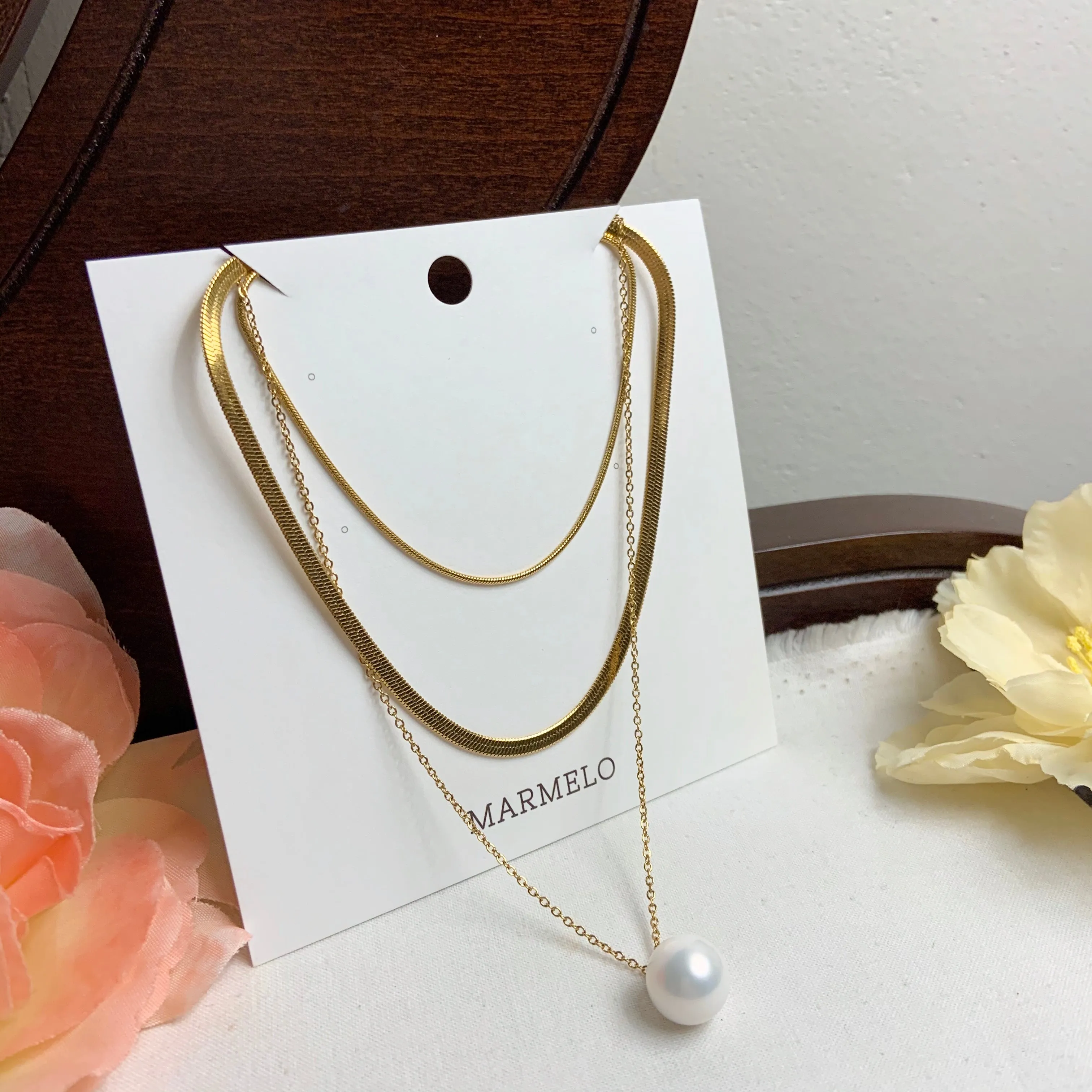 Big Pearl   Thick   Thin 18K Gold Plated Flat Snake Chain Layered Necklace Set