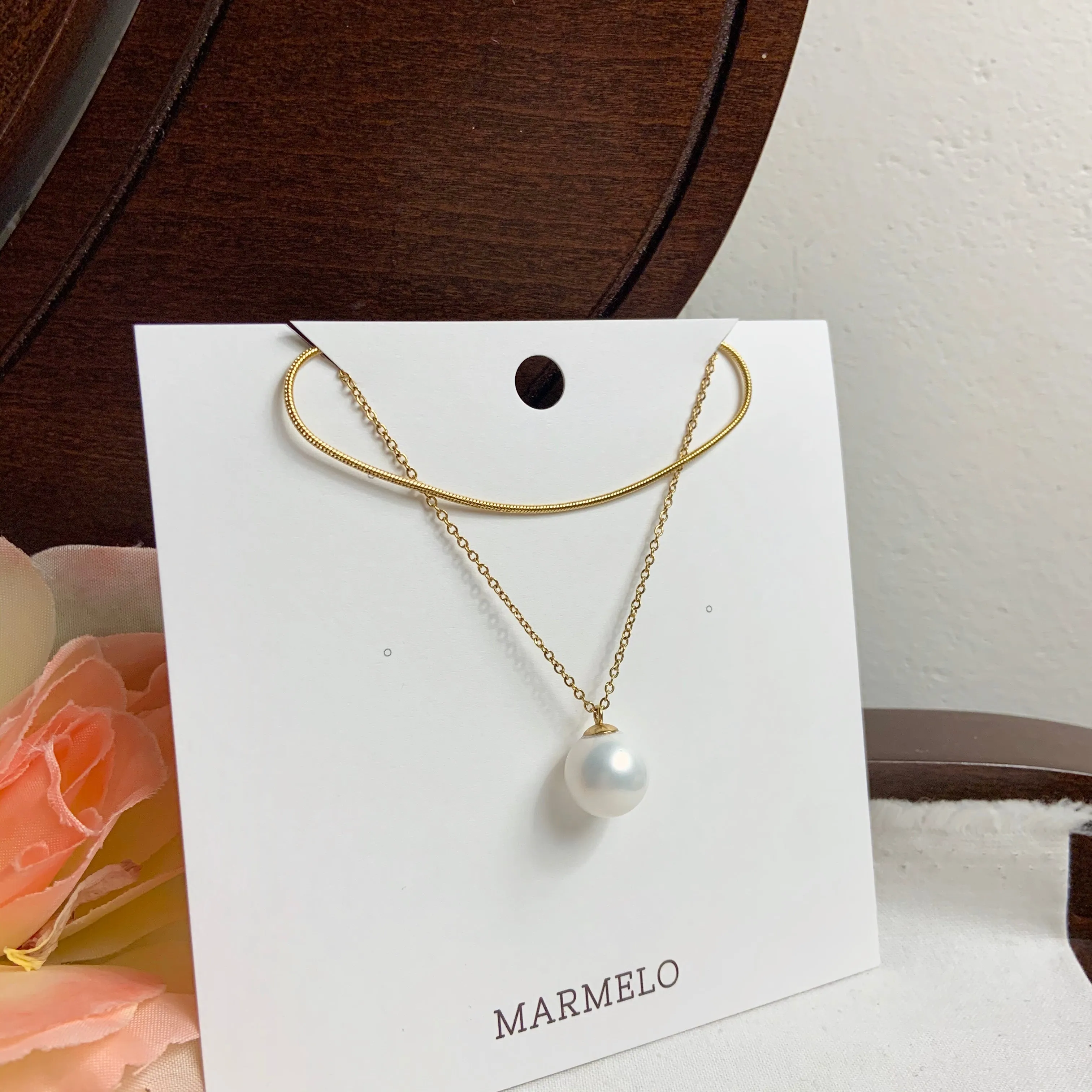 Big Pearl   Thick   Thin 18K Gold Plated Flat Snake Chain Layered Necklace Set