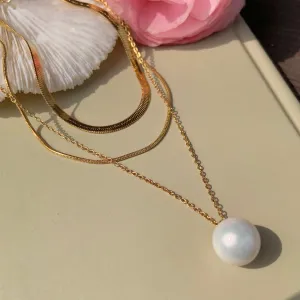 Big Pearl   Thick   Thin 18K Gold Plated Flat Snake Chain Layered Necklace Set