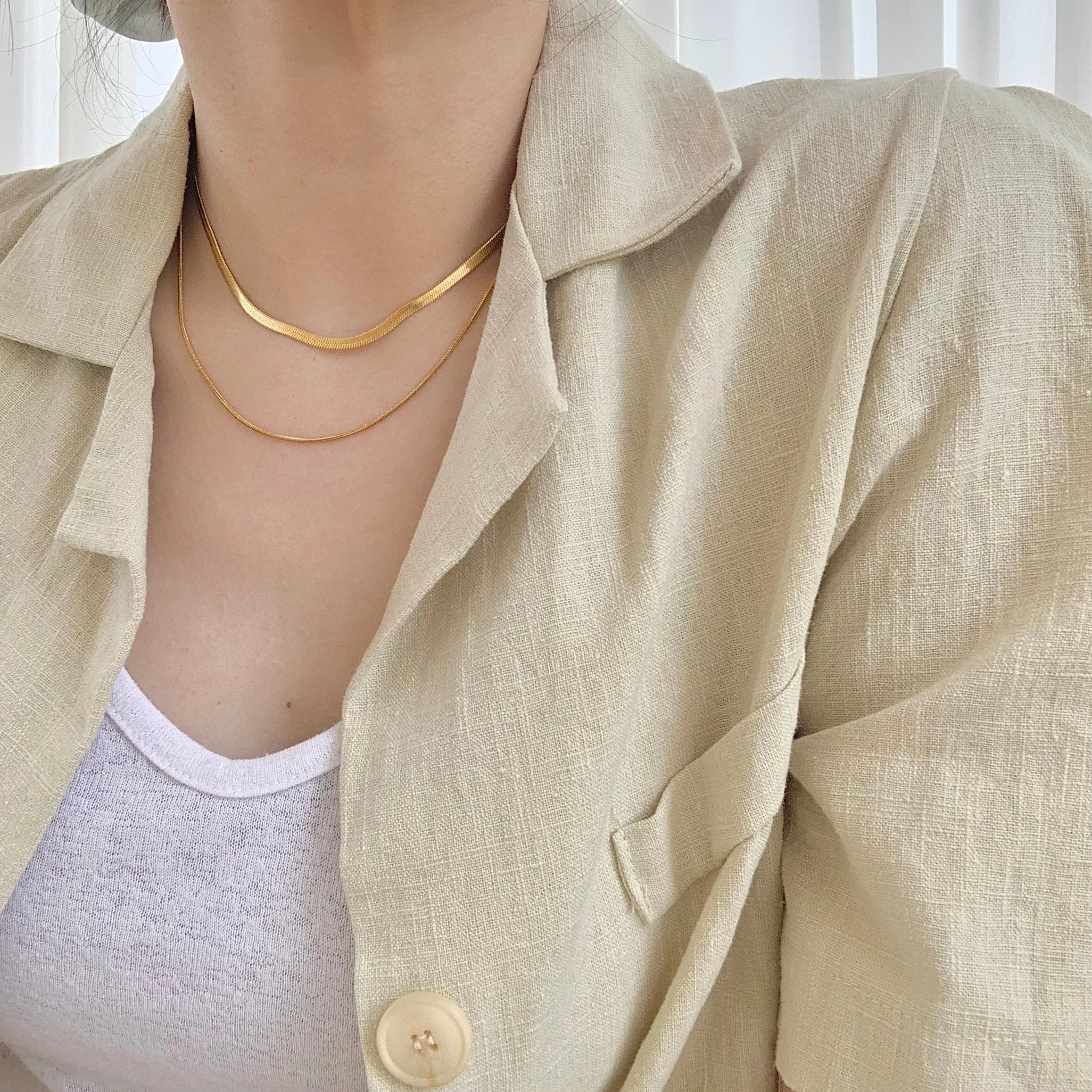 Big Pearl   Thick   Thin 18K Gold Plated Flat Snake Chain Layered Necklace Set