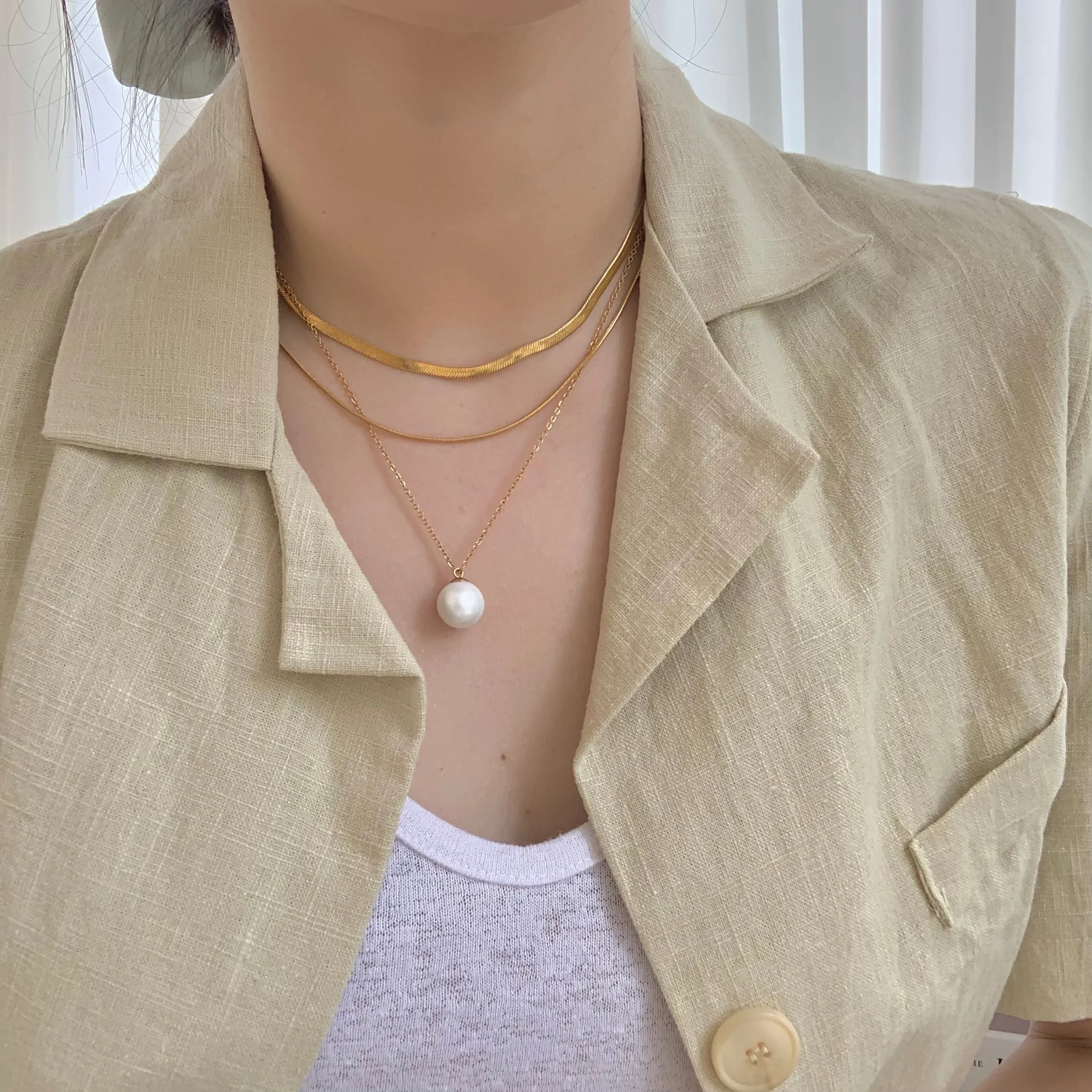 Big Pearl   Thick   Thin 18K Gold Plated Flat Snake Chain Layered Necklace Set