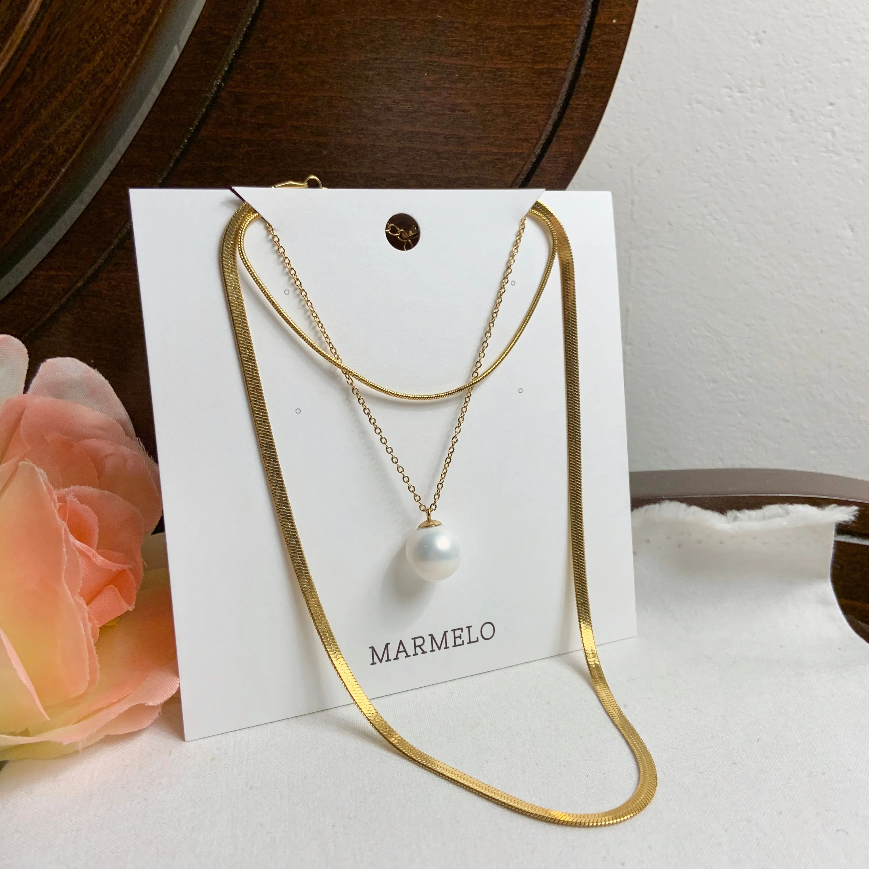 Big Pearl   Thick   Thin 18K Gold Plated Flat Snake Chain Layered Necklace Set