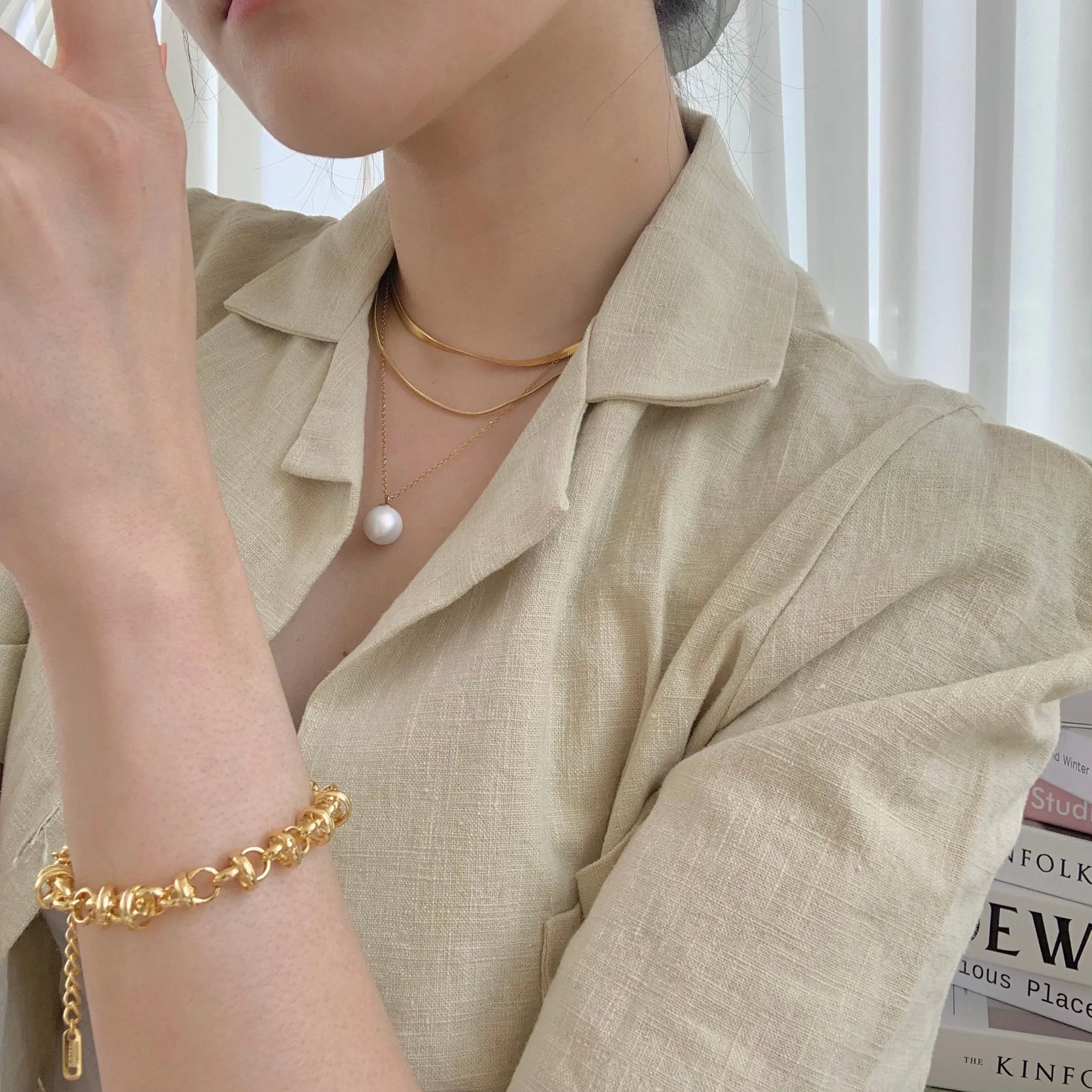 Big Pearl   Thick   Thin 18K Gold Plated Flat Snake Chain Layered Necklace Set
