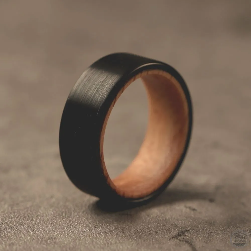 Black Brushed Surface Design Tungsten Ring With Wood Inlaid (8mm Width)